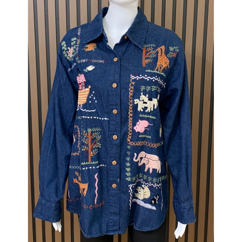 Casey Coleman Vintage Noahs Ark Women's Embroidered Denim Shirt Blue Cotton M/L